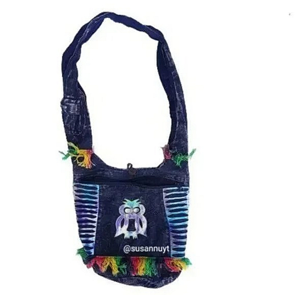 Boho Tie-Dye Rainbow Tribal Owl Fabric Messenger Shoulder Bag with Fringe
